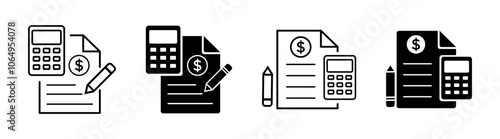 Accountingline vector icon set in solid and outline style. Accountant, business, financial, tax, statement, calculator.