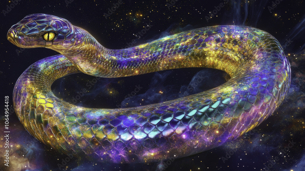 Fototapeta premium iridescent King Cobra slithering through cosmic space backdrop