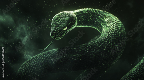 Imposing green King Cobra with intricate scales and glowing eyes