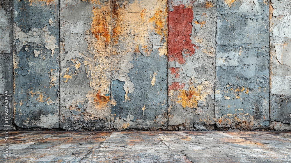 A weathered wall with peeling paint and a rustic floor, creating an industrial aesthetic. A weathered wall with peeling paint and a rustic floor, creating an industrial aesthetic.