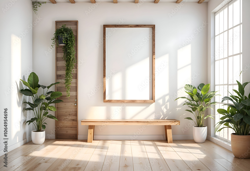 Fototapeta premium Mock up poster frame in minimalist style interior background, template