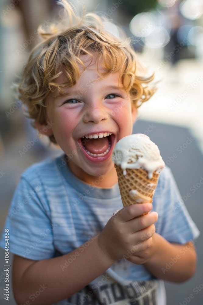 Happy Toddler Enjoying Ice Cream Cone on a Sunny Day Outdoor Happy Toddler Enjoying Ice Cream Cone on a Sunny Day Outdoor