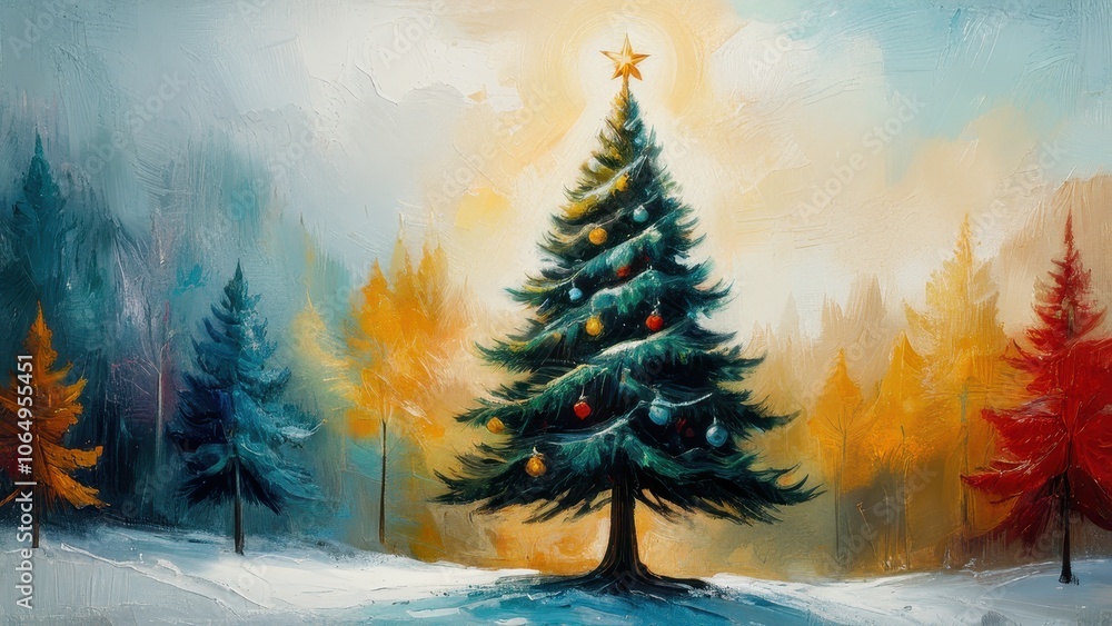 Fototapeta premium A beautifully painted Christmas tree adorned with colorful ornaments, set against a serene sunset background, evoking holiday warmth and joy