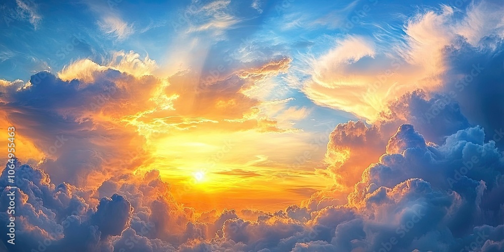 Naklejka premium Stunning clouds of golden yellow beautify the sky at sunset, blending with blue shades in a summer panorama, creating a captivating wallpaper scene.