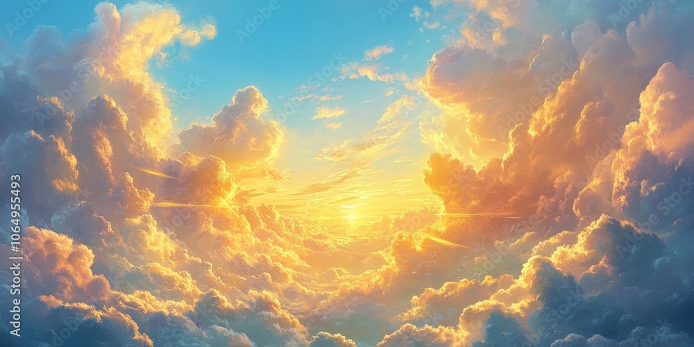 Stunning clouds of golden yellow beautify the sky at sunset, blending with blue shades in a summer panorama, creating a captivating wallpaper scene. Stunning clouds of golden yellow beautify the sky at sunset, blending with blue shades in a summer panorama, creating a captivating wallpaper scene.