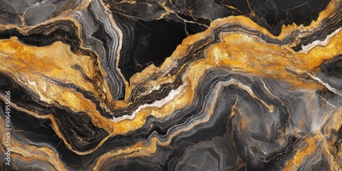 A luxurious marble texture featuring an abstract design in rich shades of black, vibrant yellow, and elegant gold captures a sense of opulence and sophistication. photo