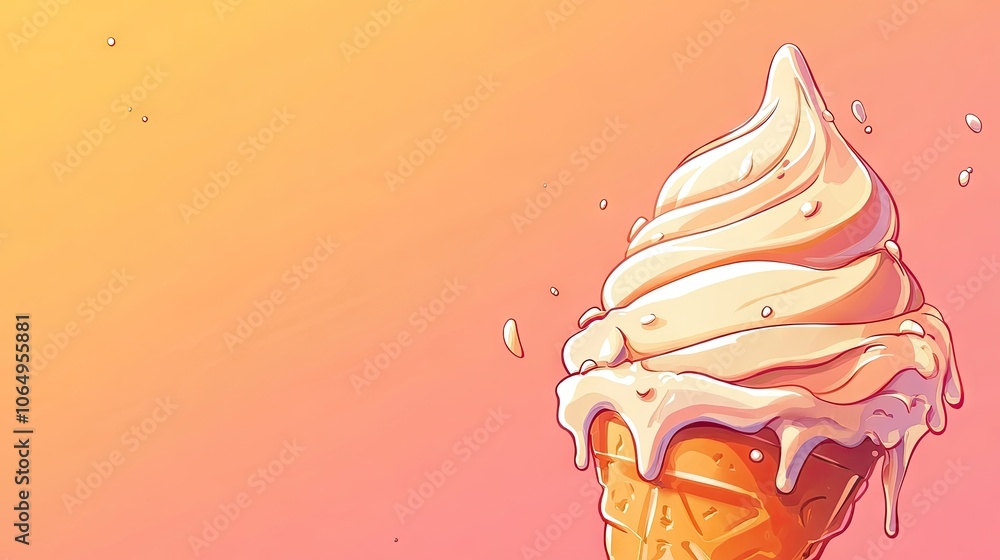 Cartoon-style illustration of melting ice cream at an angle, emphasizing its delightful and whimsical nature, with ample copy space for text or design integration.