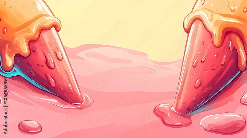 Cartoon-style illustration of melting ice cream at an angle, emphasizing its delightful and whimsical nature, with ample copy space for text or design integration.
