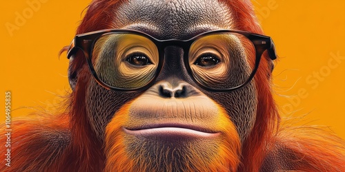 Illustration of an orangutan wearing glasses, showcasing a playful and whimsical character while highlighting the unique charm of both the animal and the accessory. photo