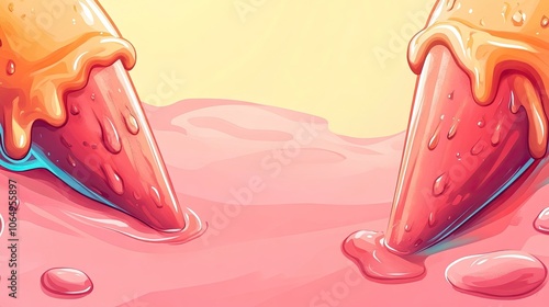 Cartoon-style illustration of melting ice cream at an angle, emphasizing its delightful and whimsical nature, with ample copy space for text or design integration.