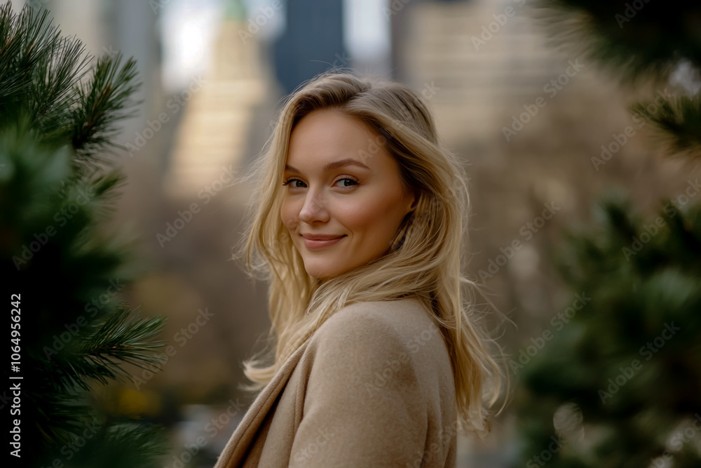 A beautiful, smiling blonde woman in a beige coat, standing against the backdrop. A beautiful, smiling blonde woman in a beige coat, standing against the backdrop.
