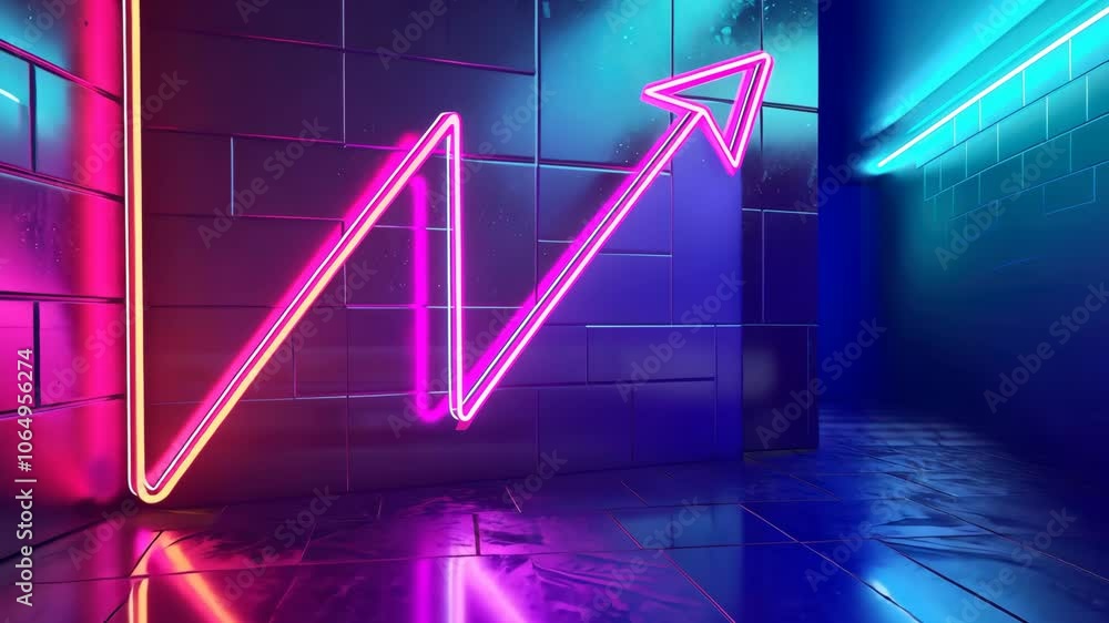 A neon arrow points upward in a dark, futuristic space A neon arrow points upward in a dark, futuristic space