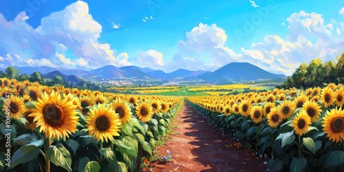 Tall rows of sunflowers proudly stretch upward against a vibrant blue sky in a sunlit field, creating a beautiful and cheerful scene. photo