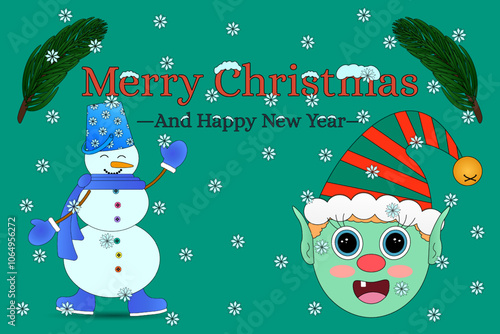 Fun and festive Christmas illustration featuring a cheerful snowman and a playful elf, surrounded by snowflakes. Ideal for holiday designs.