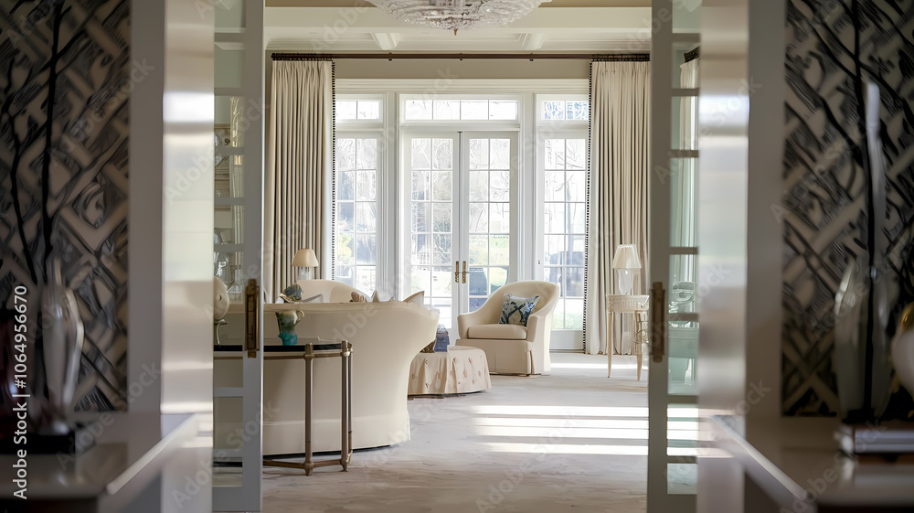 Obraz premium Bright and airy living room view through elegant entryway, featuring stylish furniture, large windows with natural light, and modern decor on textured walls.