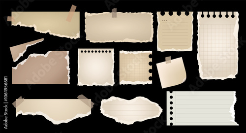 Vintage Ripped paper notes set. Torn old paper notebook sheets with tape. Trendy elements for collage and scrapbooking collection isolated on black background. Retro stickers rip notepaper. Vector