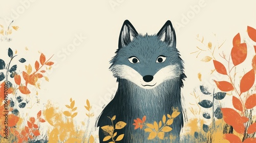 Whimsical cartoon wolf vector illustration that captures cultural symbolism, perfect for various design projects. This charming cartoon wolf vector offers ample copy space for text. photo