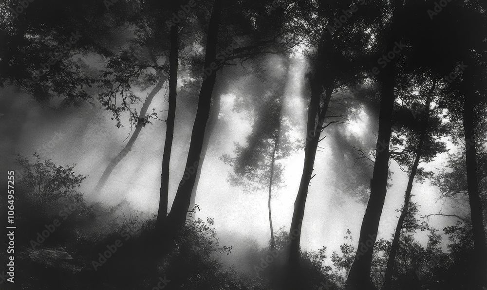 Silhouetted trees in a foggy forest. Silhouetted trees in a foggy forest.