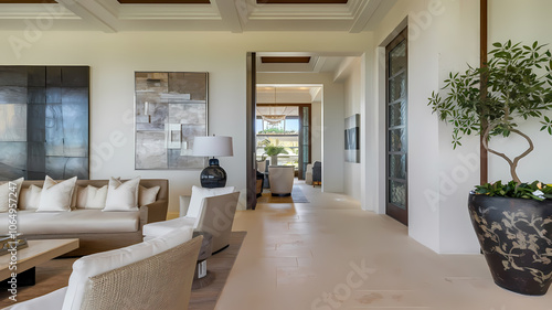 Wallpaper Mural Modern luxury living room with neutral furnishings, decorative art pieces, and large windows allowing natural light, creating an inviting and airy atmosphere. Torontodigital.ca