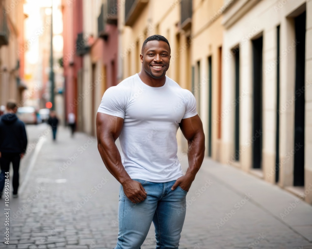 Muscular black man wearing white t-shirt and jeans standing on the street Muscular black man wearing white t-shirt and jeans standing on the street