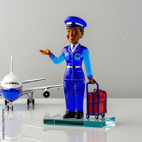 Glass sculpture of a professional airline ground crew member coordinating operations at the airport, showcasing efficiency and teamwork in aviation, generative ai photo