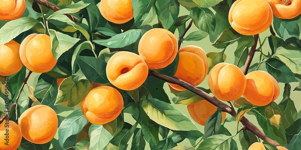 A detailed view features ripe apricots accompanied by leaves, set against a lively green backdrop that enhances their freshness and appeal. A detailed view features ripe apricots accompanied by leaves, set against a lively green backdrop that enhances their freshness and appeal.