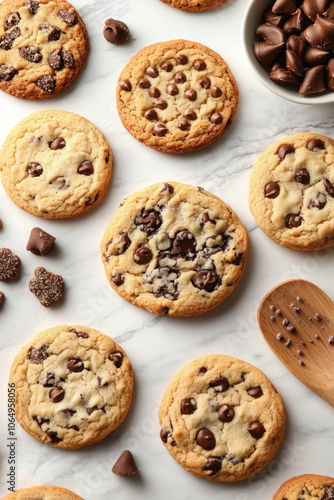 A delightful spread of chocolate chip cookies sits on a marble surface, perfect for celebrating National Cookie Day with friends and family