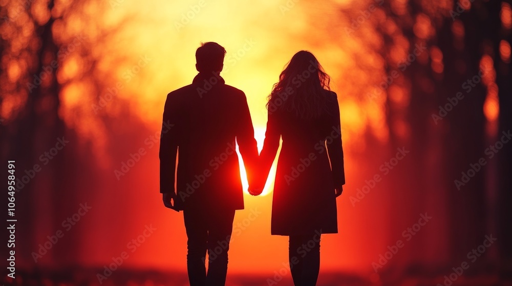 Sunset Stroll: Silhouetted Couple Holding Hands at Sunset Sunset Stroll: Silhouetted Couple Holding Hands at Sunset