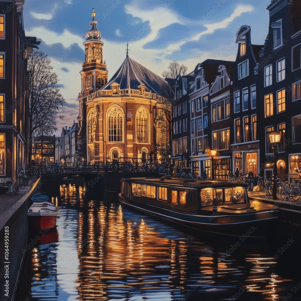 Fototapeta premium Sunset view of Amsterdam's St. Nicholas Church.
