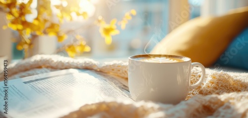 A cozy Sunday morning scene with coffee, a newspaper, and sunlight streaming through the window, Sunday morning vibes, relaxation photo