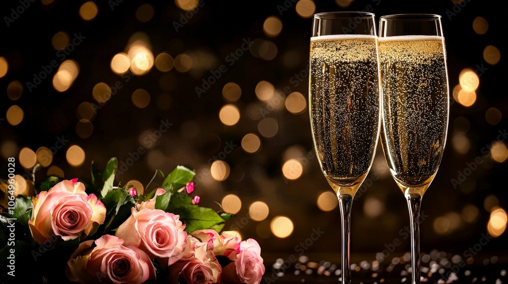 Two glasses of champagne clinking in a celebratory toast, with a bouquet of roses and soft candles in the background, romantic and elegant Valentine's Day ambiance Two glasses of champagne clinking in a celebratory toast, with a bouquet of roses and soft candles in the background, romantic and elegant Valentine's Day ambiance