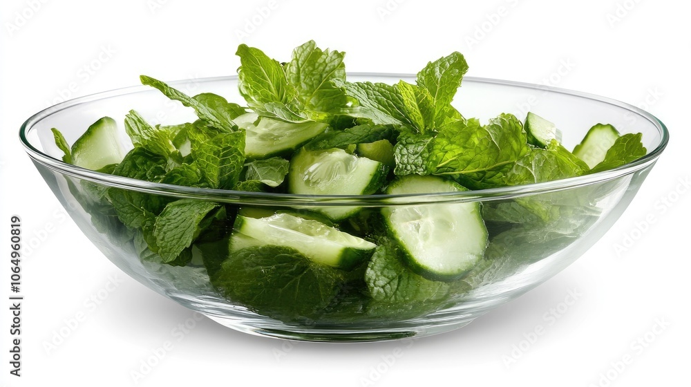 Fresh Cucumber and Mint Salad in Glass Bowl Fresh Cucumber and Mint Salad in Glass Bowl