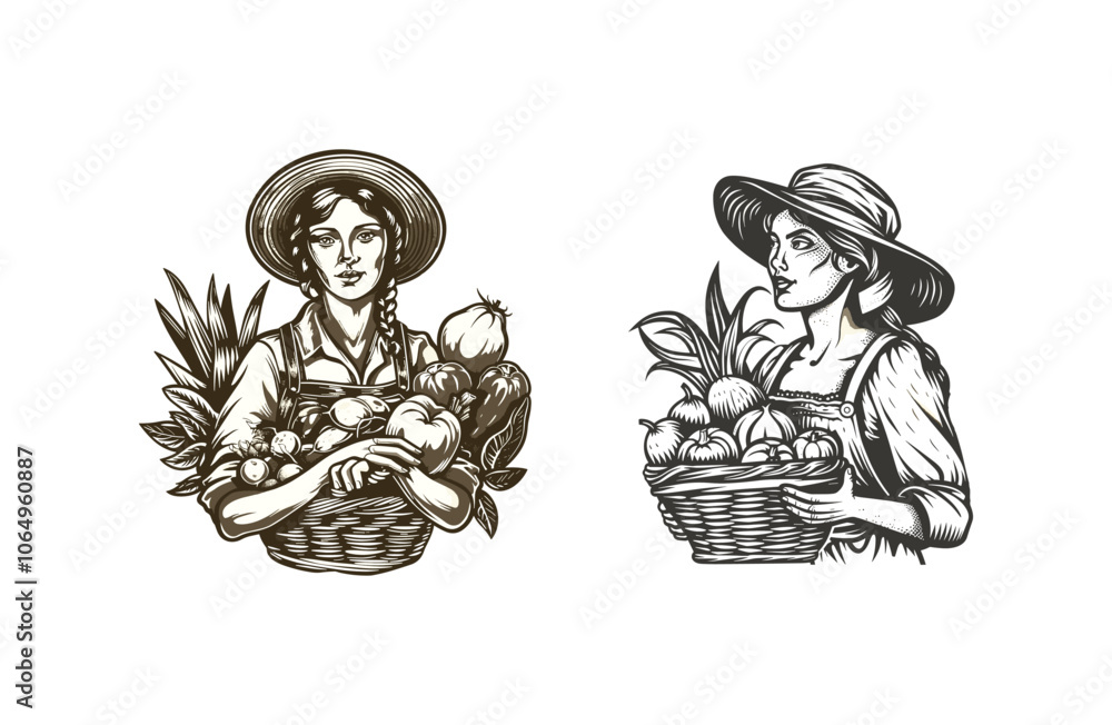 Obraz premium female farmer carrying a basket full of fruit vintage design vector
