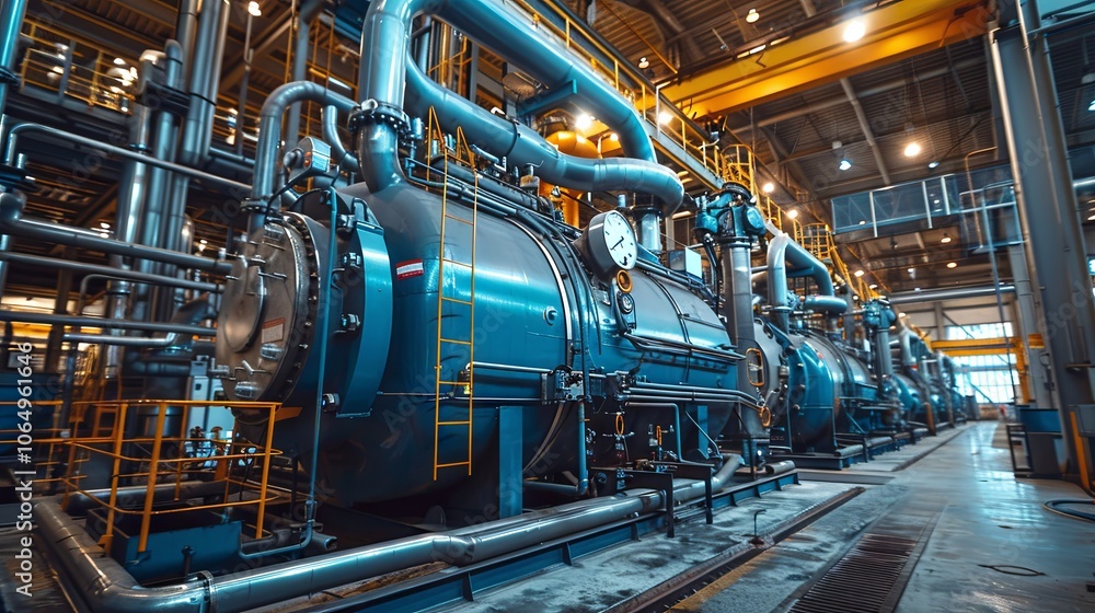 A blue industrial boiler located in a modern factory, featuring large equipment with pipes and gauges, representing the operational setup of steel machinery A blue industrial boiler located in a modern factory, featuring large equipment with pipes and gauges, representing the operational setup of steel machinery
