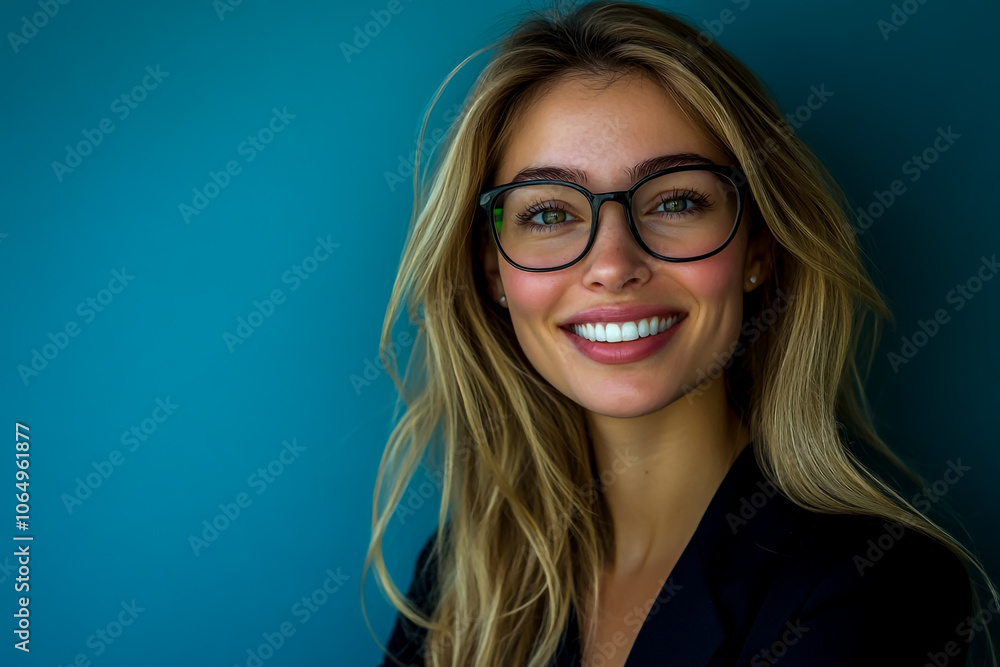 A smiling businesswoman with long blonde hair and glasses on a blue background. A smiling businesswoman with long blonde hair and glasses on a blue background.