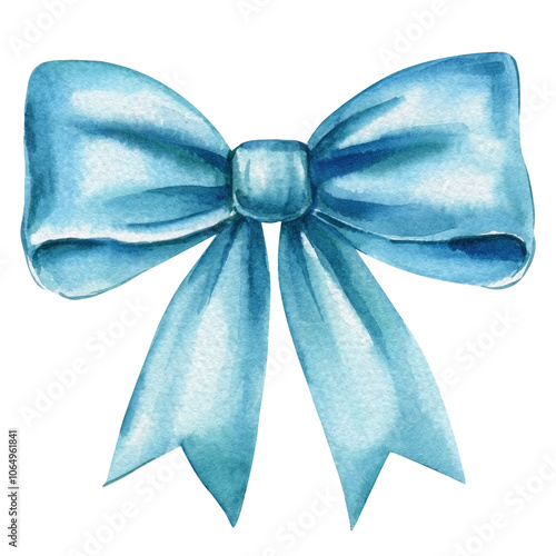 Watercolor satin blue bow isolated on white background. Hand-painted ribbon illustration, elegant decorative bow clipart
