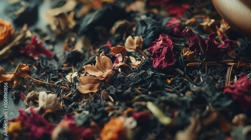 Dried petals and herbs are artfully combined, showcasing a rich tapestry of colors and textures, inviting exploration of aromas and flavors for a soothing infusion experience. photo