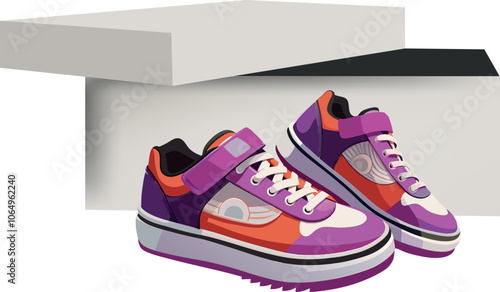 Pair of new colorful sneakers coming out of box