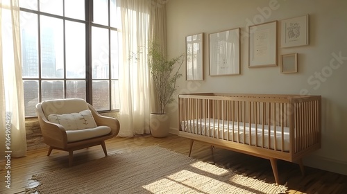Peaceful and Calming Minimalist Baby Nursery Design Featuring a Light Wood Crib Soft Natural Lighting and Simple Artwork on the Walls