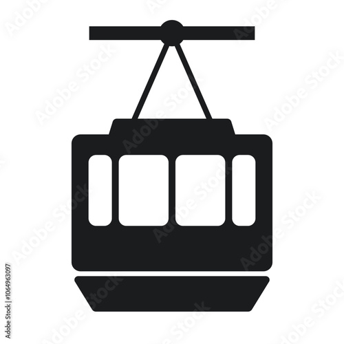 Black cable car icon with windows and cable attachment isolated on white background. Simplified transportation symbol. Design element for travel, adventure, and tourism graphics.