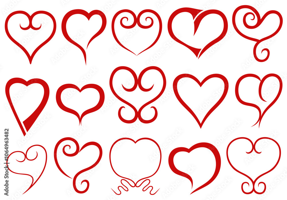 Set of different red line hearts isolated on white background Set of different red line hearts isolated on white background