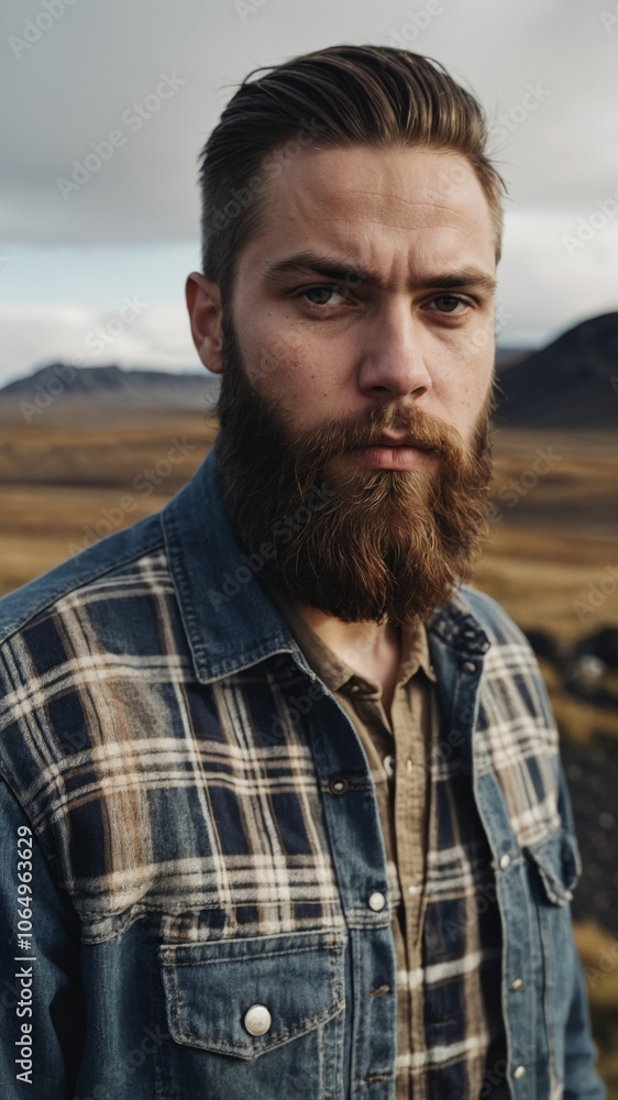 A man with a thick beard stands confidently in a scenic landscape, surrounded by mountains and open fields during late afternoon A man with a thick beard stands confidently in a scenic landscape, surrounded by mountains and open fields during late afternoon