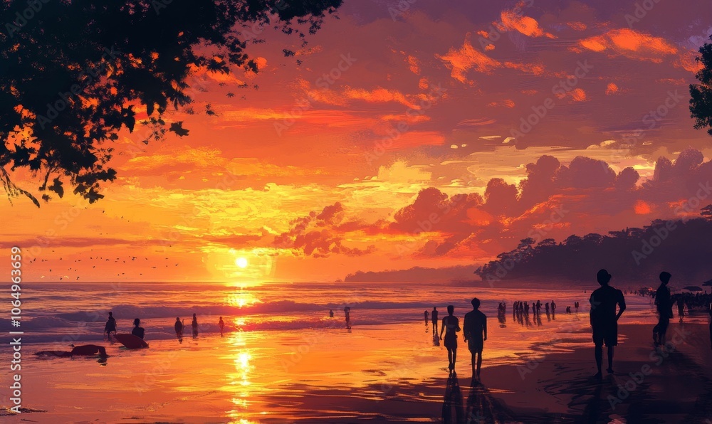 Sunset silhouettes on a beach. Sunset silhouettes on a beach.
