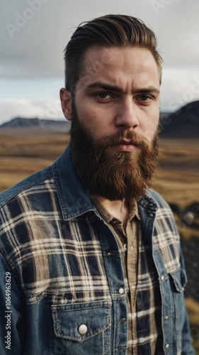A man with a thick beard stands confidently in a scenic landscape, surrounded by mountains and open fields during late afternoon