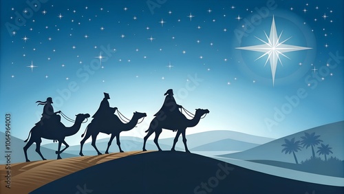 Three wise men on camelback under a starry night sky following a guiding star