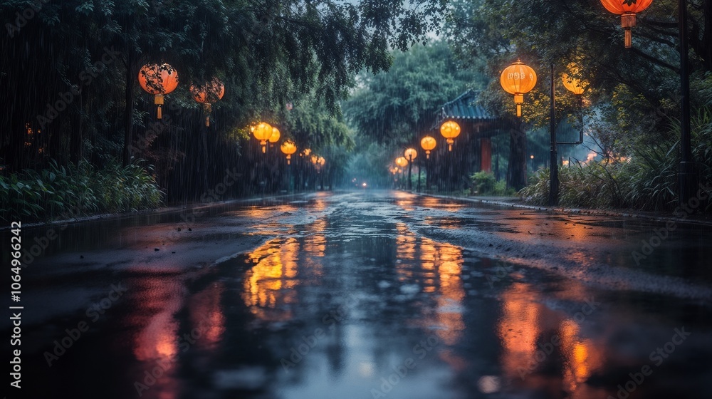 Fototapeta premium A wet street with lantern reflections in water at night