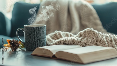Cozy scene with an open book, a steaming mug of coffee, and a warm knitted blanket on a wooden table, inviting relaxation and comfort.