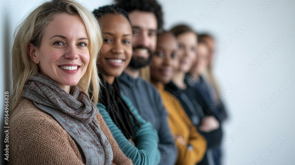 Obraz premium Diverse group of professionals standing in line, smiling confidently, showcasing teamwork and collaboration in a modern office environment.