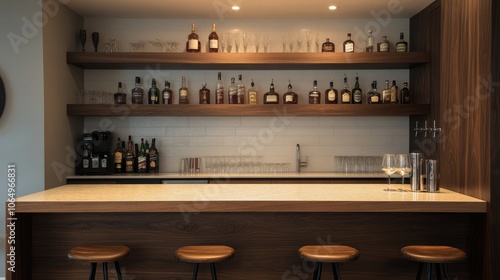 A sleek mid-century wet bar with floating wooden shelves