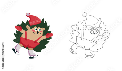 Coloring page cartoon cheerful character hedgehog in a hat and mittens on skates - vector illustration, black outline on a white background and an example in color for children's educational books